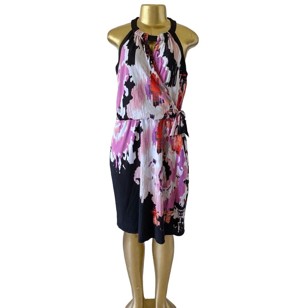 T Tahari Abstract Sheath Dress Womens Large Keyhole Surplice Tie Waist Stretch